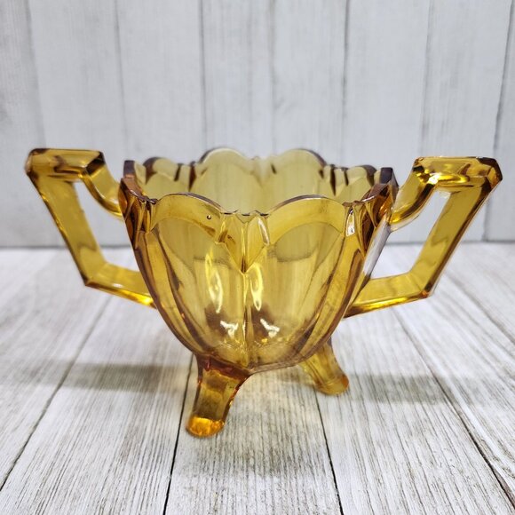 Vintage MCM Amber Pressed Glass Footed Crown Top Dish Bowl with Two Handle - Picture 1 of 9